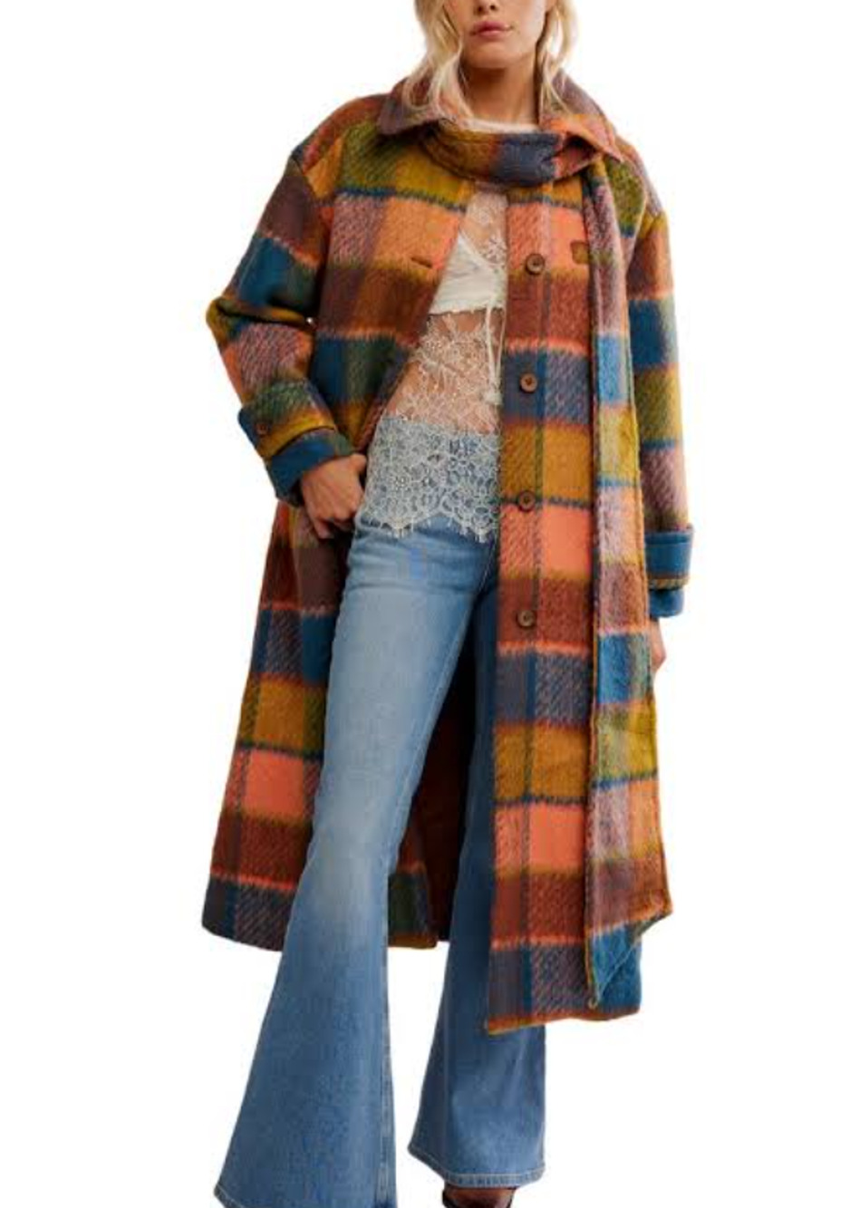 Free People Dalton Plaid Coat XS Oversized Fits S M With Scarf